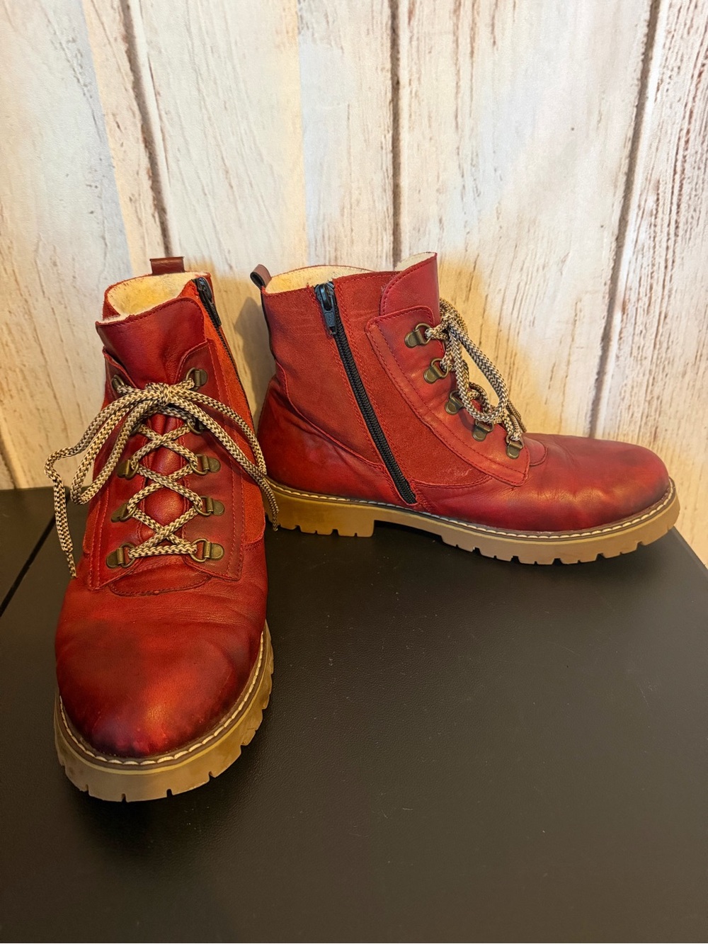 Remonte Tex Womens Red Leather Winter Ankle Boots Flip Grip Cleats Wool Lining